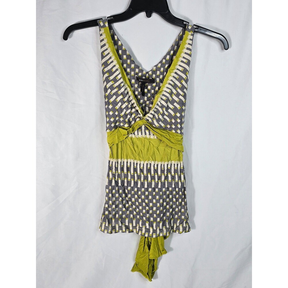 BCBGMaxAzria Geometric Silk Halter Top - Gray & Lime Green Size Large